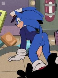 3:4 all_fours anthro anus ass balls big_penis biped blurau bodily_fluids bottomless clothed clothing duo footwear genitals handwear headwear hi_res huge_cock looking_back male outerwear penis sega sonic_(series) sonic_the_hedgehog sonic_the_hedgehog_(series) sweat the_murder_of_sonic_the_hedgehog