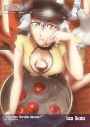 apple between_breasts bleach breasts brown_eyes earrings food fruit gairon high_heels highres jewelry kotetsu_isane large_breasts lips nail_polish short_hair very_short_hair white_hair