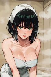 ai_generated bare_shoulders bathhouse bathing big_breasts blush_lines braasts chest covered_nipples fubuki_(one-punch_man) green_eyes green_hair looking_at_viewer one-punch_man open_mouth sauna stable_diffusion steam steamy_breath sweat sweatdrop sweating sweaty_body thighs towel towel_wrap