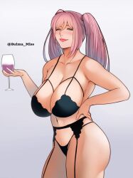 artist_request big_ass big_breasts blue_eyes blush bra bra_strap bubble_butt commission drunk hand_on_hip hitomi_twins lingerie lipstick massive_breasts mostly_nude oc original_character pale-skinned_female pale_skin pink_hair suggestive_look thick_thighs thong thong_straps whine