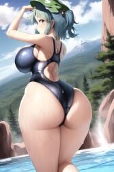 1girls accessory ai_generated arms ass ass_focus back_view bath bathing big_ass big_breasts big_butt blue_hair breasts brown_eyes closed_mouth closed_smile clothed clothing cloud clouds curvy curvy_body curvy_female curvy_figure curvy_hips dat_ass engineer female female_focus female_only forest from_behind green_hat hair hair_ornament hand_on_hair hand_on_head hat headwear heavenly_ass high_resolution highres huge_ass huge_butt humanoid kappa light-skinned light-skinned_female light_skin looking_at_viewer looking_back mountain nitori_kawashiro one-piece_swimsuit open_eyes shiny_clothes short_hair sideboob sky smile smiling smiling_at_viewer swimsuit team_shanghai_alice thick thick_ass touhou tree twintails water wet wet_body wet_clothes wet_clothing wet_skin wetting