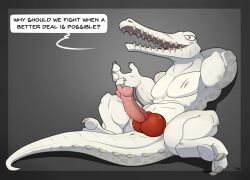 albino anthro big_penis claws crocodilian dialogue english_text erection genitals gharial hand_behind_head hi_res knot long_snout male mcfan nude penis reclining red_eyes reptile scales scalie scar sharp_teeth snout solo speech_bubble teeth text white_body white_scales