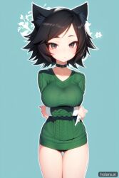 1girls 2d ai_generated asian_latina black_hair cat_ears clothing female heart humanized latina light_blue_background los_ojos_blancos mari_sumi megumi_minerva only_female peruvian_female short_hair simple_background sweater tagme