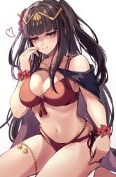 1girls absurdres alternate_costume bikini black_cape black_hair blush bracelet breasts cape circlet cleavage female female_only fire_emblem fire_emblem_awakening fire_emblem_heroes flower_bracelet hand_on_own_face highres jewelry large_breasts looking_at_viewer navel nintendo official_alternate_costume purple_eyes red_bikini red_swimsuit reia_hana seiza sitting smile solo swimsuit tharja_(fire_emblem) tharja_(summer)_(fire_emblem) thighlet white_background