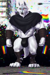 2023 anthro big_bulge bulge canid canine canis clothing death_(puss_in_boots) dream_and_nightmare english_text fur grey_body grey_fur hi_res looking_at_viewer male mammal multicolored_body multicolored_fur pride_color_flag puss_in_boots_the_last_wish solo text thong underwear white_body white_fur wolf