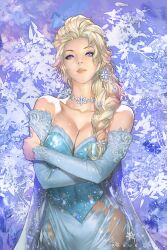 1girls bare_shoulders blonde_hair braid braveking breasts choker cleavage collarbone crossed_arms detached_sleeves dress elsa_(frozen) eyelashes eyeshadow frozen_(film) hair_ornament hair_over_shoulder highres jewelry large_breasts lips long_hair looking_at_viewer makeup necklace nose purple_eyes realistic see-through sequins shiny_skin single_braid snowflakes solo solo_female strapless strapless_dress