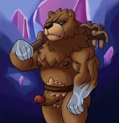 absurd_res anthro bear belly black_sclera body_hair brown_body brown_fur chest_hair colored foreskin fur fur_tuft genitals glowing glowing_eyes glowing_markings gunfire_reborn happy_trail hi_res male mammal markings melee_weapon musclegut muscular nude partially_retracted_foreskin pecs penis pigpigron pole_monarch_(gunfire_reborn) scar shaded simple_background solo sword tan_body tan_fur tuft weapon