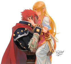 1boy 1girls blonde_hair cuddle dark-skinned_male dark_skin duo embrace face_in_breasts fair-skinned_female fingers_in_hair ganondorf gerudo hug hylian larger_male oimobugs pointed_ears princess_zelda red_eyes red_hair smaller_female straight super_smash_bros._ultimate the_legend_of_zelda zelda_(a_link_between_worlds)