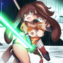 1girls anthro big_breasts blue_eyes breasts breasts_out brown_fur brown_nipples bunny_ears bunny_girl bunny_tail character_request female female_focus female_only furry furry_only huge_breasts lepi_(species) lightsaber long_hair looking_at_viewer lop_(star_wars) lop_(star_wars_visions) star_wars star_wars_visions