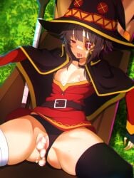 after_sex after_vaginal asymmetrical_legwear bandaged_leg bandages belt black_cape black_panties brown_hair cape cum cum_in_pussy cum_overflow day dress eyepatch facial female flat_chest hat highres kono_subarashii_sekai_ni_shukufuku_wo! megumin mismatched_legwear outdoors panties rbx_lamen red_dress red_eyes short_hair_with_long_locks solo spread_legs staff tongue tongue_out underwear witch_hat