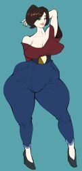 belt blue_pants brown_hair green_eyes guyguyson heels hipdips light_skin pants_(artist) red_shirt simple_background wide_hips