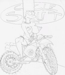 1girls big_breasts big_nipples bikini bikini_bottom lowres marge_simpson milf motorcycle pinup posing sketch the_fear the_simpsons topless traditional_media_(artwork)