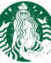 1boy 1girls blush covered_nipples crown female female_only heart logo long_hair melusine_(creature) mermaid penetration public_domain simple_background siren starbucks starbucks_siren sweat vaginal_penetration vaginal_sex white_background