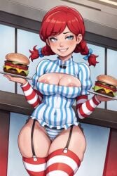 1girls ai_generated areola_slip braided_hair braided_twintails burger cheeseburger cleavage cleavage_cutout female female_only freckles garter_straps hamburger human kneesocks pinstripe_pattern red_hair restaurant shimapan smug solo squeegee_(artist) striped_legwear striped_panties wendy's wendy_thomas