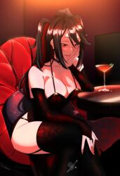 1girls akami_chiyo black_hair blush cleavage elderek00 latam_virtual_youtuber light light-skinned_female light_skin long_hair looking_at_viewer pigtails piranha_girl red_eyes sitting smiling_at_viewer suggestive_look virtual_youtuber yume_girls!