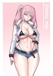 artist_request beauty_mark belly_button belt big_breasts bikini_top blue_eyes commission hitomi_twins jacket latex_bikini long_hair massive_breasts oc pale-skinned_female pale_skin pink_hair short_shorts shorts thick_thighs thong thong_above_shorts thong_straps