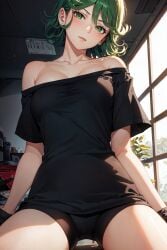 1girls 2023 ai_generated baggy_shirt bare_shoulders big_shirt biker_shorts black_shirt boyfriend_shirt chest clothed_female green_eyes green_hair looking_at_viewer one-punch_man stable_diffusion tatsumaki thighs