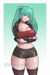 arms_crossed artist_request belly_button big_breasts blush commission hitomi_twins latex_clothing latex_shorts latex_thighhighs leather_jacket long_hair oc original_character pale-skinned_female pale_skin pink_eyes short_shorts shorts suggestive_look teal_hair thick_thighs thighhighs wide_hips