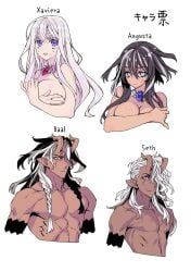 2boys 2girls absurdres black_armband breasts character_name covering covering_breasts dark-skinned_female dark-skinned_male dark_skin demon_horns domo394959 english_text expressionless highres horns husband_and_wife jewelry large_breasts long_hair looking_at_viewer multiple_boys multiple_girls muscular muscular_male necklace nude original pointy_ears purple_eyes reference_sheet smile white_background white_hair