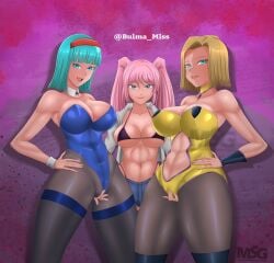 abs alternate_version_available android_18 big_breasts bikini_top blonde_hair blue_eyes bulma_(bunny) bulma_briefs bunnysuit commission dragon_ball dragon_ball_z hand_on_hip harem hitomi_twins jacket long_hair magnificentsexygals massive_breasts multiple_girls pale-skinned_female pale_skin pantyhose pink_hair pussy_grab sex_slave shorts slave teal_hair thick_thighs thong thong_straps wide_hips