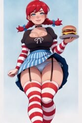 1girls ai_generated areola_slip braided_hair braided_twintails cameltoe cheeseburger cleavage cleavage_cutout female female_only freckles garter_straps kneesocks pinstripe_pattern pussy_print red_hair restaurant shimapan side-tie_panties solo squeegee_(artist) striped_legwear striped_panties striped_sleeves upskirt wendy's wendy_thomas