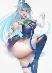 1girls aqua_(konosuba) ass big_ass big_breasts big_butt blue_eyes blue_hair blue_shirt blush boots bow breasts choker detached_sleeves fat_ass female female_only gem green_bow hair_between_eyes hair_ornament high_heel_boots high_heels highres imizu_(nitro_unknown) kono_subarashii_sekai_ni_shukufuku_wo! large_breasts leg_up legs long_hair no_panties open_mouth pointing shiny_skin shirt skirt sleeveless sleeveless_shirt smile solo thick_ass thick_thighs thigh_boots thighs white_background