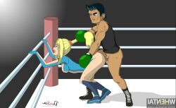 1girls areolae boxing_gloves boxing_ring breasts clothed_sex crossover defeated derixen doggy_style fighting_ring from_behind hair_pull hair_pulling little_mac metroid ponytail_hold punch_out ring rough_sex samus_aran sex straight super_smash_bros. super_smash_bros._for_nintendo_3ds_and_wii_u