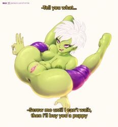 1girls alien alien_girl anus ass bare_shoulders barefoot cheelai dialogue dragon_ball dragon_ball_super dragon_ball_super_broly english_dialogue english_text feet female functionally_nude functionally_nude_female green_skin legs_apart light_green_skin mrmlix pinup purple_eyes pussy short_hair shounen_jump vagina white_hair