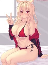 1girls bikini blonde_hair breasts cat_ears catgirl female hips huge_breasts large_breasts light-skinned_female light_skin long_hair looking_at_viewer original original_character peace_sign red_eyes string_bikini thick_thighs thighs tiffy tiffynyaa wide_hips