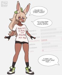 1girls animal_ears animal_humanoid anthro bike_shorts bunny_ears bunny_girl clothes_writing dark-skinned_female dark_skin english_text frey_(freydraws) freydraws fully_clothed original original_character smile solo t-shirt text text_bubble white_shirt