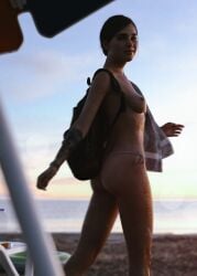 3d areolae ass backpack bag beach blue_eyes bracelet breasts brown_hair bubble_butt busty casual ellie_(the_last_of_us) ellie_williams female female_focus female_only freckles g-string hedonicphenomenon hourglass_figure naughty_dog nipples outdoors outside panties public public_nudity sideboob skinny small_breasts standing tagme tattoo the_last_of_us the_last_of_us_2 thong tied_hair topless towel wet wet_body wet_skin wide_hips
