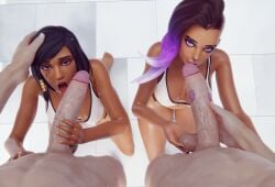 2boys 2girls 3d bleached bleached_clothing cupping_balls dark-skinned_female gladionanimated interracial kiss_mark kissing_penis licking_penis light-skinned_male overwatch pharah sombra