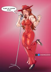 bicep_vein biceps blue_eyes breasts brown_hair bulge female female_only mario_(series) muscle muscle_girl muscle_growth muscle_tone muscle_worship muscled muscles pauline red_dress simple_background super_mario_odyssey