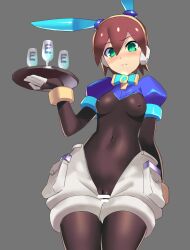 1girls aile blush bodysuit brown_hair cameltoe female mega_man mega_man_zx navel nipple_bulge nipples nipples_visible_through_clothing pants_open pussy reverse_bunnysuit small_breasts tagme ukimukai