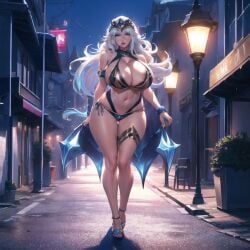 ai_generated ashe_(league_of_legends) belly_button big_breasts bikini_top cixf huge_breasts league_of_legends riot_games side-tie_bikini thick_thighs