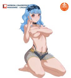 1girls alternate_hairstyle alternate_version_available bangs bare_legs barefoot blue_hair blue_panties breasts brown_eyes choker covering covering_breasts crazzeffect female female_only fire_emblem fire_emblem:_three_houses fire_emblem_warriors:_three_hopes kneeling large_breasts legs lingerie long_hair looking_at_viewer marianne_von_edmund nintendo official_alternate_hairstyle panties pink_eyes revealing_clothes see-through skirt skirt_only solo topless underwear white_background