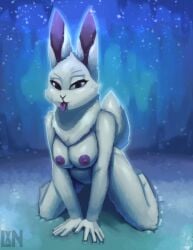 anthro breasts breasts_out bunny bunny_ears furry lennoxicon looking_at_viewer naked naked_female snow snowing tail tongue tongue_out white_fur