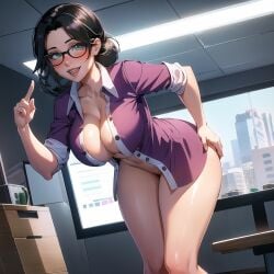 ai_generated bent_over big_breasts cat_eye_glasses cixf glasses holding_ass horny huge_breasts miss_pauling no_panties no_pants nude office office_lady pointing_at_herself popped_button purple_shirt stable_diffusion team_fortress_2 teasing tf2 thick_thighs valve