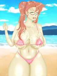 1girls beach bikini bizdrawings cum cum_on_breasts cum_on_face female female_only glasses hand_on_breast highschool_of_the_dead light-skinned_female massive_breasts massive_thighs pink_hair saya_takagi smile solo solo_female watermark