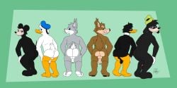 absurd_res anatid anseriform ass avian balls bird buckteeth bugs_bunny canid canine canis clothing coyote crouching daffy_duck disney doggettdouglasmcdog donald_duck duck genitals gloves goofy_(disney) group handwear hat headgear headwear hi_res lagomorph leporid looking_at_viewer looking_back looney_tunes male male/male mammal mickey_mouse mouse murid murine penis presenting presenting_hindquarters rabbit rodent teeth tongue tongue_out warner_brothers wile_e._coyote