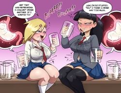2girls asian asian_female bangs big_breasts black_hair bloated bloated_belly blonde_hair blue_eyes blushing breasts burp burping busty clothed cum cum_burp cum_drinking cum_drinking_contest cum_drunk cum_in_container cum_in_stomach cum_jar cum_on_face cum_string curvaceous curvy curvy_body curvy_female curvy_figure drinking_cum english_text eyelashes female female_only gokkun hairband hairclip half-closed_eyes hearts hips holding_mug huge_breasts inflation jazz_(lech_lewds) large_breasts lech_lewds legs light-skinned_female light_skin long_hair looking_pleasured looking_up mug narrowed_eyes necktie open_mouth open_smile original original_characters pleated_skirt rachel_wang school_uniform schoolgirl sitting skirt stained_clothes stomach_bulge stray_pubic_hair text thick_thighs thighhighs thighs unbuttoned_shirt voluptuous x-ray