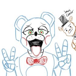 2boys ahe_gao animatronic eyelashes femboy five_nights_at_freddy's five_nights_at_freddy's_2 freddy_(fnaf) freddy_fazbear green_eyes horny looking_at_viewer open_mouth peace_sign robot text toy_bonnie_(fnaf) ultimate_custom_night