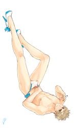 1boy arthur_kirkland axis_powers_hetalia bulge_through_clothing cigarette crossdressing england_(hetalia) erection erection_under_clothes gay high_heels legs legs_over_head legs_up male male_only nipples panties pubic_hair solo topless twink vuri