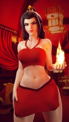 1girls 3d asian asian_female avatar_legends avatar_the_last_airbender azula black_hair clothed clothed_female female female_only fire fire_nation firebending fully_clothed looking_at_viewer nail_polish navel red_nail_polish solo solo_female standing