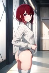 ai_generated arima_kana ass bangs blush breasts closed_mouth cowboy_shot eyebrows_visible_through_hair female indoors leotard long_sleeves looking_at_viewer oshi_no_ko red_eyes red_hair ribbed_leotard ribbed_sweater short_hair smile solo stable_diffusion stairs standing sweater sweater_lift thighhighs white_sweater