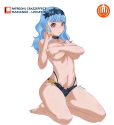 1girls alternate_hairstyle alternate_version_available bangs bare_legs barefoot blue_hair blue_panties breasts brown_eyes choker covering covering_breasts crazzeffect female female_only fire_emblem fire_emblem:_three_houses fire_emblem_warriors:_three_hopes kneeling large_breasts legs lingerie long_hair looking_at_viewer marianne_von_edmund nintendo official_alternate_hairstyle panties pink_eyes solo topless underwear white_background