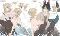 1girls 2boys albedo_(genshin_impact) animal_ears animal_tail artistic_nude blonde_hair blue_eyes breasts drawing dripping_water english_text exposed_breasts female flower_in_hair fox_ears fox_tail genshin_impact in_water lumine_(genshin_impact) male mermaid mermaid_girl mermaid_tail nude_female_clothed_male ocean outdoors painter quinny_il sea sideboob sketchbook sketching speech_bubble tail text tighnari_(genshin_impact) topless topless_female two_tone_hair water wet_skin