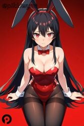 ai_generated akame_(akame_ga_kill!) akame_ga_kill! animal_ears bare_shoulders black_hair black_pantyhose blush bow bowtie breasts cleavage covered_navel detached_collar fake_animal_ears female large_breasts leotard long_hair looking_at_viewer pantyhose pikkiwynn playboy_bunny rabbit_ears red_background red_bow red_bowtie red_eyes red_leotard sitting solo strapless strapless_leotard thighband_pantyhose very_long_hair wrist_cuffs