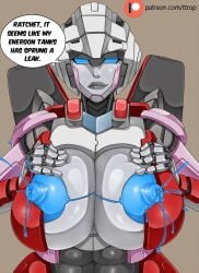 1girls 2d 2d_(artwork) abs arcee arcee_(rotb) autobot big_breasts blue_eyes blue_nipples breasts busty dialog dialogue english_text erect_nipples female female_autobots female_only giant_breasts holding_own_breasts huge_breasts humanoid lactating lactation lactation_without_expressing looking_at_viewer nipples patreon_username presenting_breasts robot robot_girl solo solo_female speech_bubble transformers transformers_rise_of_the_beasts ttrop visor visor_(eyewear) white_body