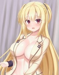 1girls arihara_nanami belly_button blonde_hair blush breasts covered_nipples eyebrows_visible_through_hair female female_only indoors inner_sideboob light-skinned_female light_skin red_eyes riddle_joker solo yunagi1373 yuzu-soft